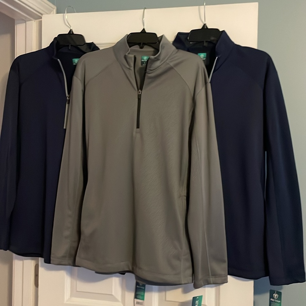 3 Lightweight Quarter-Zip Pullovers with tags attached- 1 Gray and 2 Navy